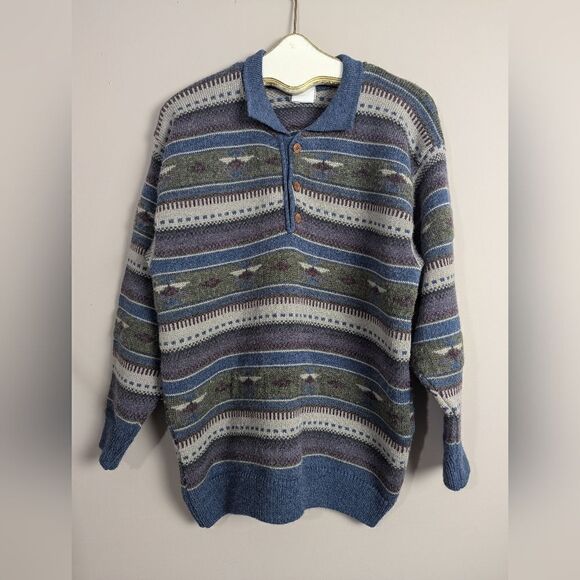 Chinook Wool blend polo sweater, aztec southwestern sweater size Large - Picture 1 of 5